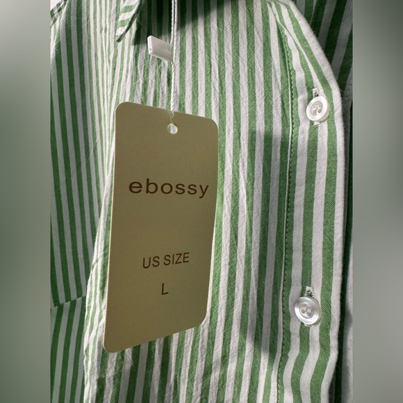 ebossy Boho Striped Button Up Side Slit Mid Long Cotton Shirt Dress with Pockets - Picture 6 of 16